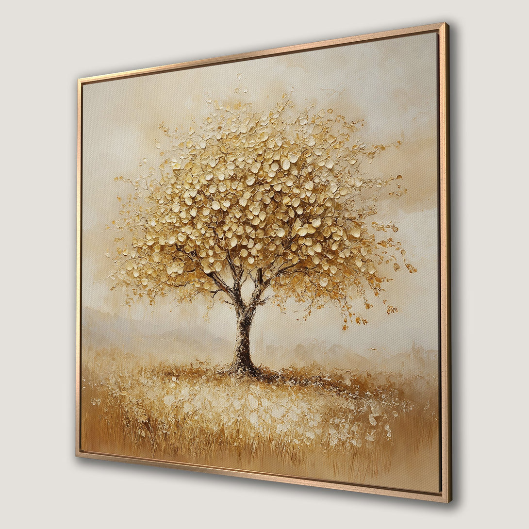 Framed Wall Art: Textured gold tree painting. Warm neutral color palette, perfect for adding a touch of elegance to your home decor. Shop now!
