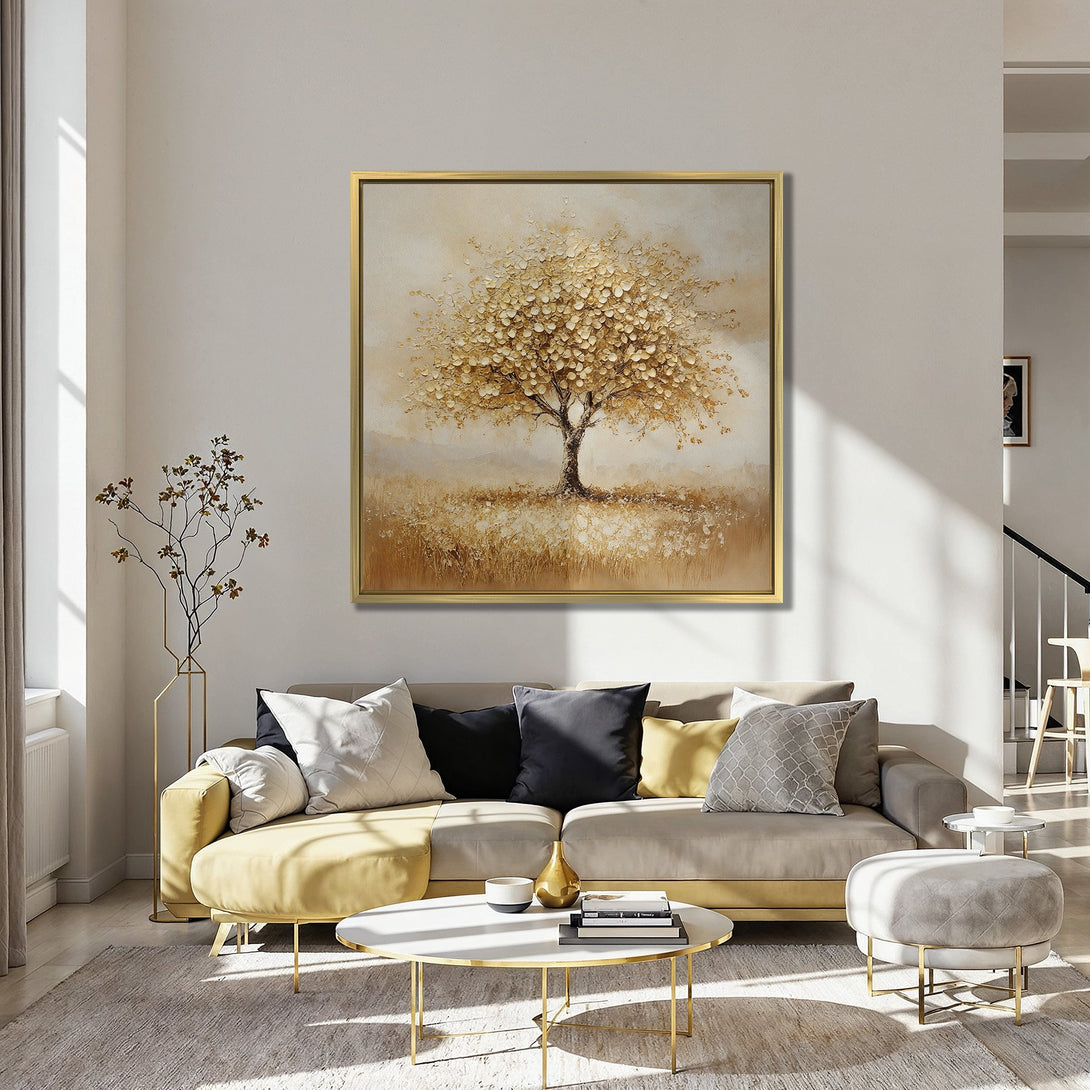 Canvas Print of a golden tree painting, warm neutral tones, and a touch of blue, adding a touch of elegance to any space.