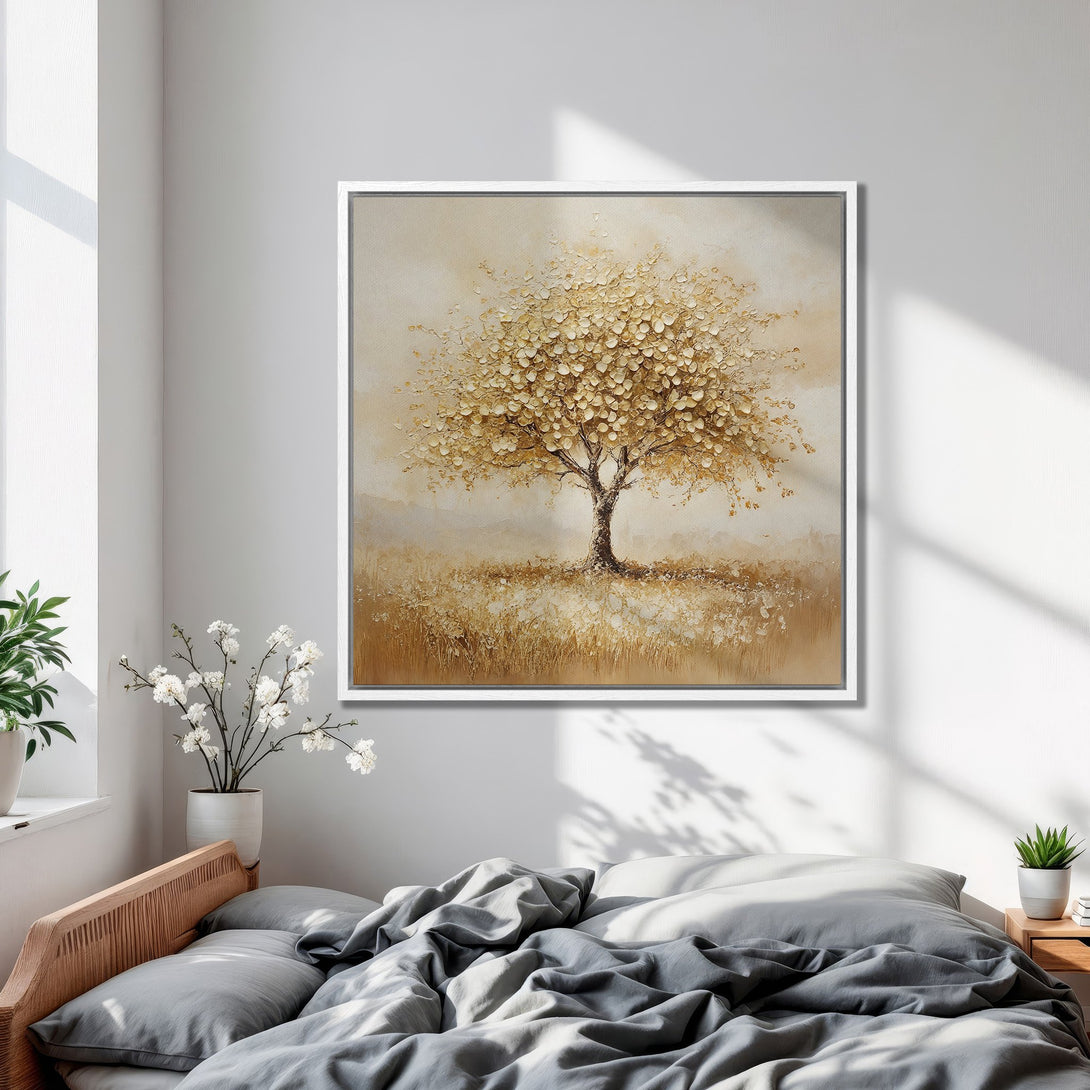 Framed Wall Art: Textured gold tree painting in a neutral bedroom. Warm, earthy tones create a calming atmosphere. Perfect for modern home decor.