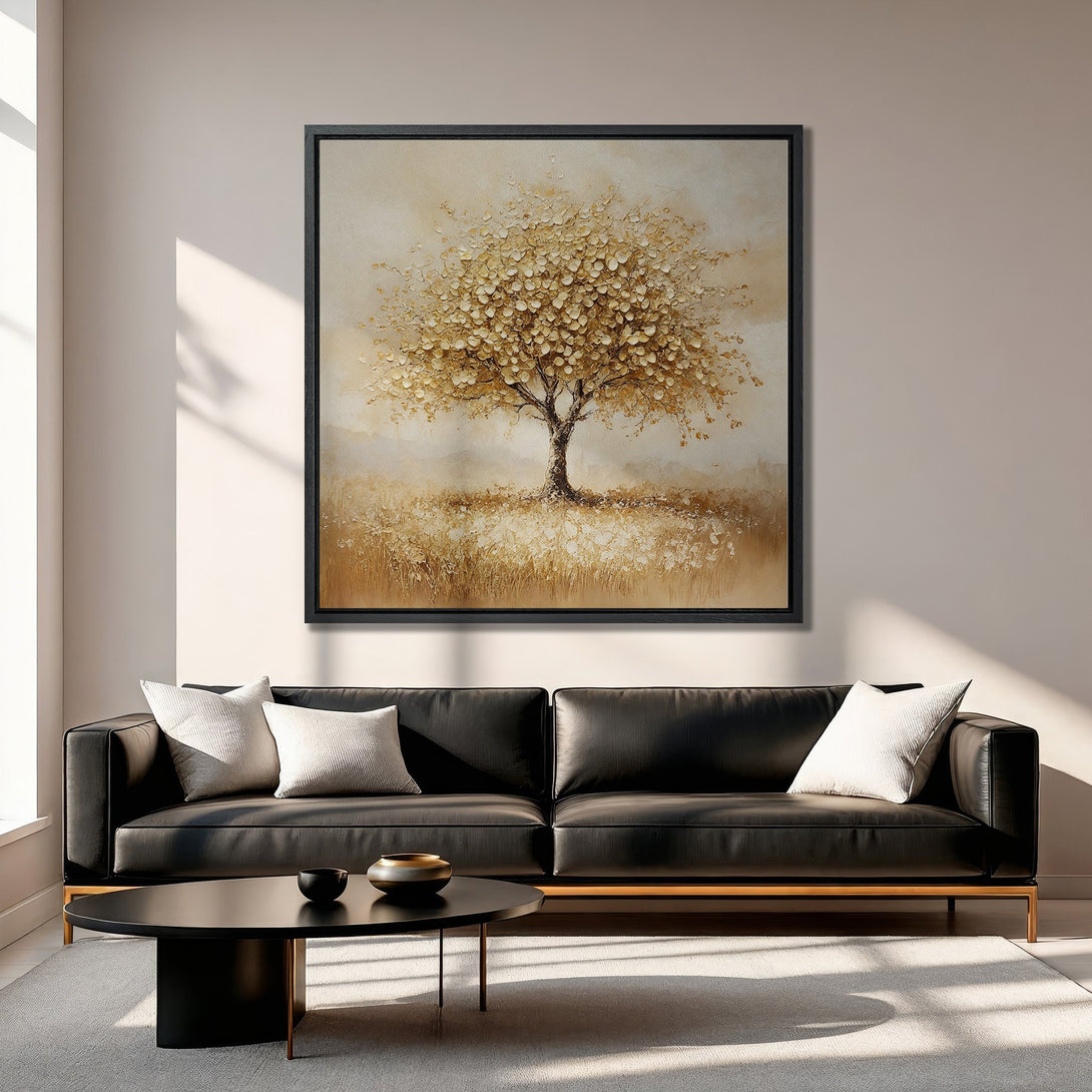 Framed Wall Art: Abstract tree painting in warm gold tones. Modern art canvas print adds a touch of elegance to any living room decor.