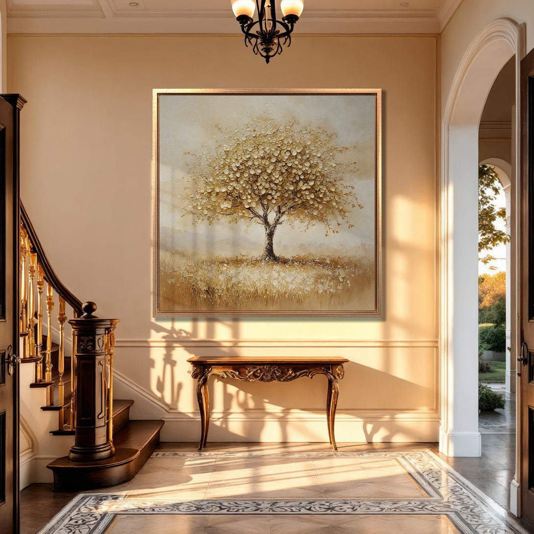 Framed Wall Art: Elegant gold tree painting in a warm, neutral interior. Earthy tones and textured style create a sophisticated, inviting atmosphere.
