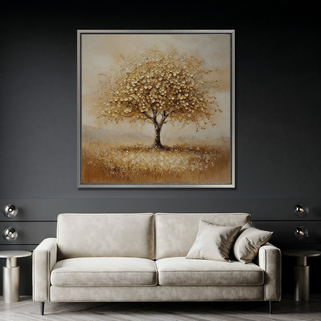 Framed Wall Art: Textured tree art with gold and beige tones. Modern Canvas Print adds warmth to a living room interior.