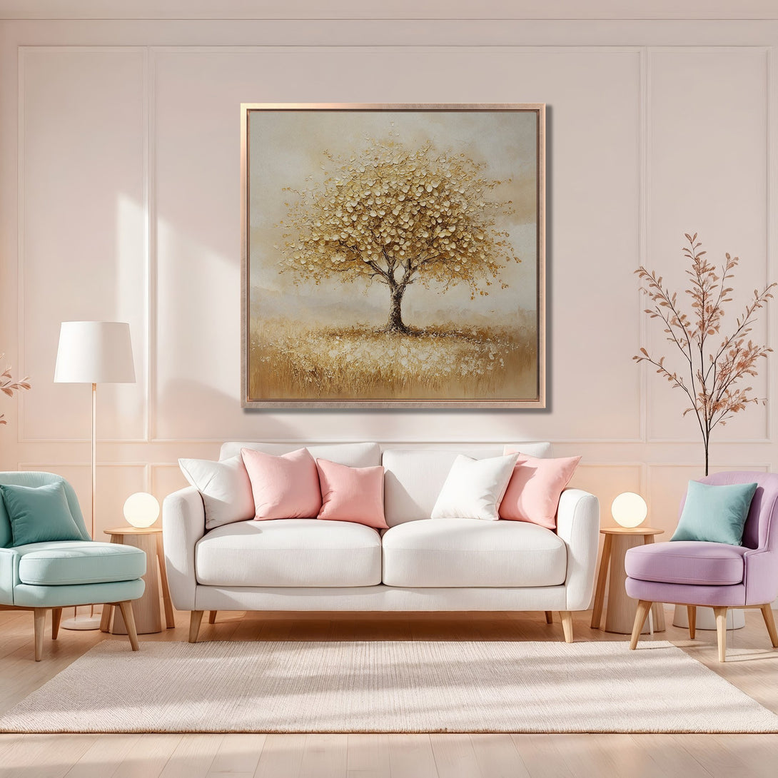 Framed Wall Art of a golden tree in a neutral color palette. Perfect for adding warmth and style to your home decor.