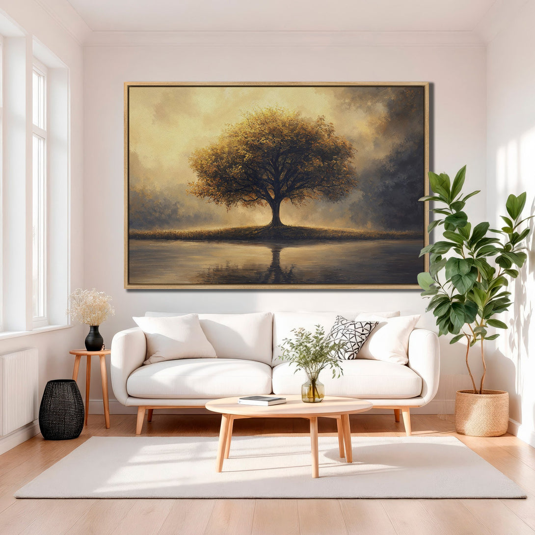 Framed Wall Art: Majestic tree landscape in warm gold and blue tones. Perfect for adding a touch of nature and serenity to any room's decor.