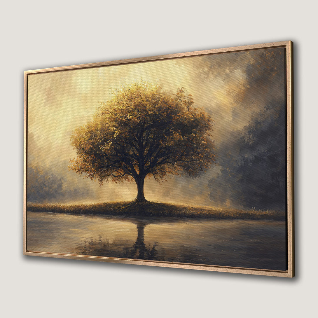 Framed Wall Art: Serene landscape Canvas Print featuring a golden tree and water reflection. Warm, inviting color palette perfect for any room.