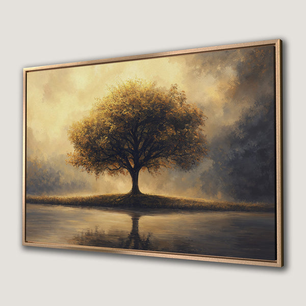 Framed Wall Art: Serene landscape Canvas Print featuring a golden tree and water reflection. Warm, inviting color palette perfect for any room.