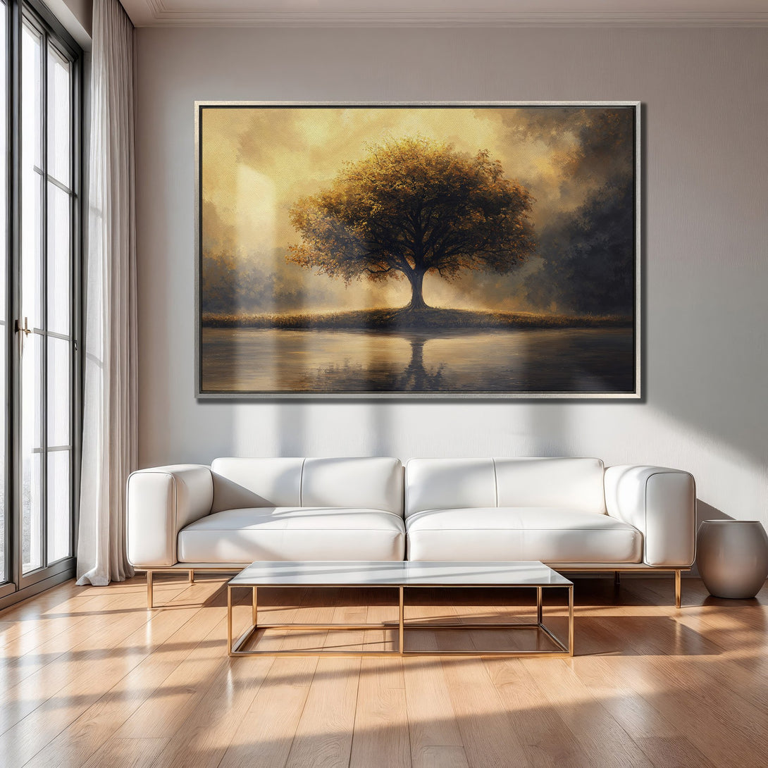 Framed Wall Art: Majestic tree landscape canvas print in warm gold and earthy tones, perfect for modern home decor.