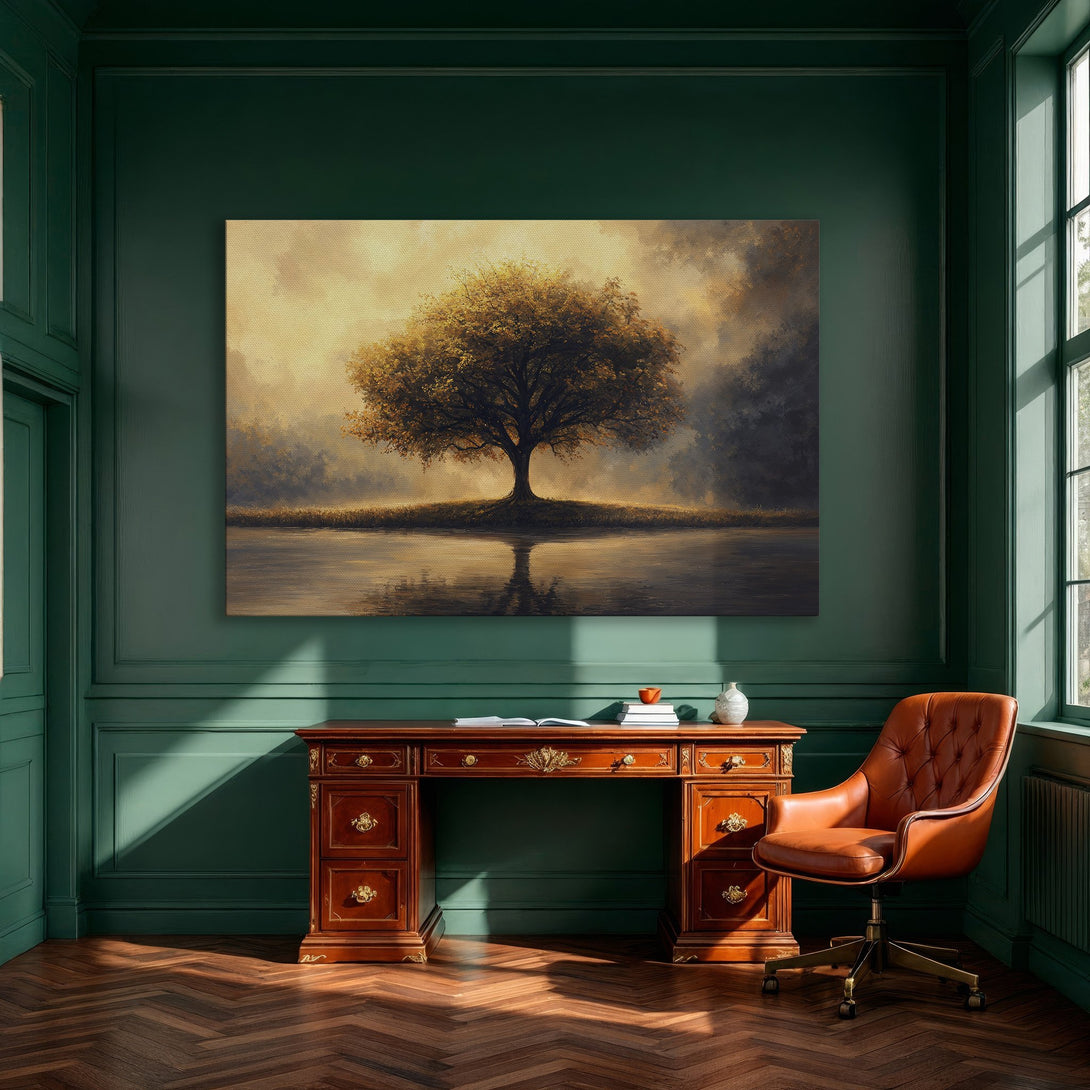 Framed Wall Art of a golden tree landscape. Warm, inviting color palette. Perfect for dining room decor. Canvas Print available.