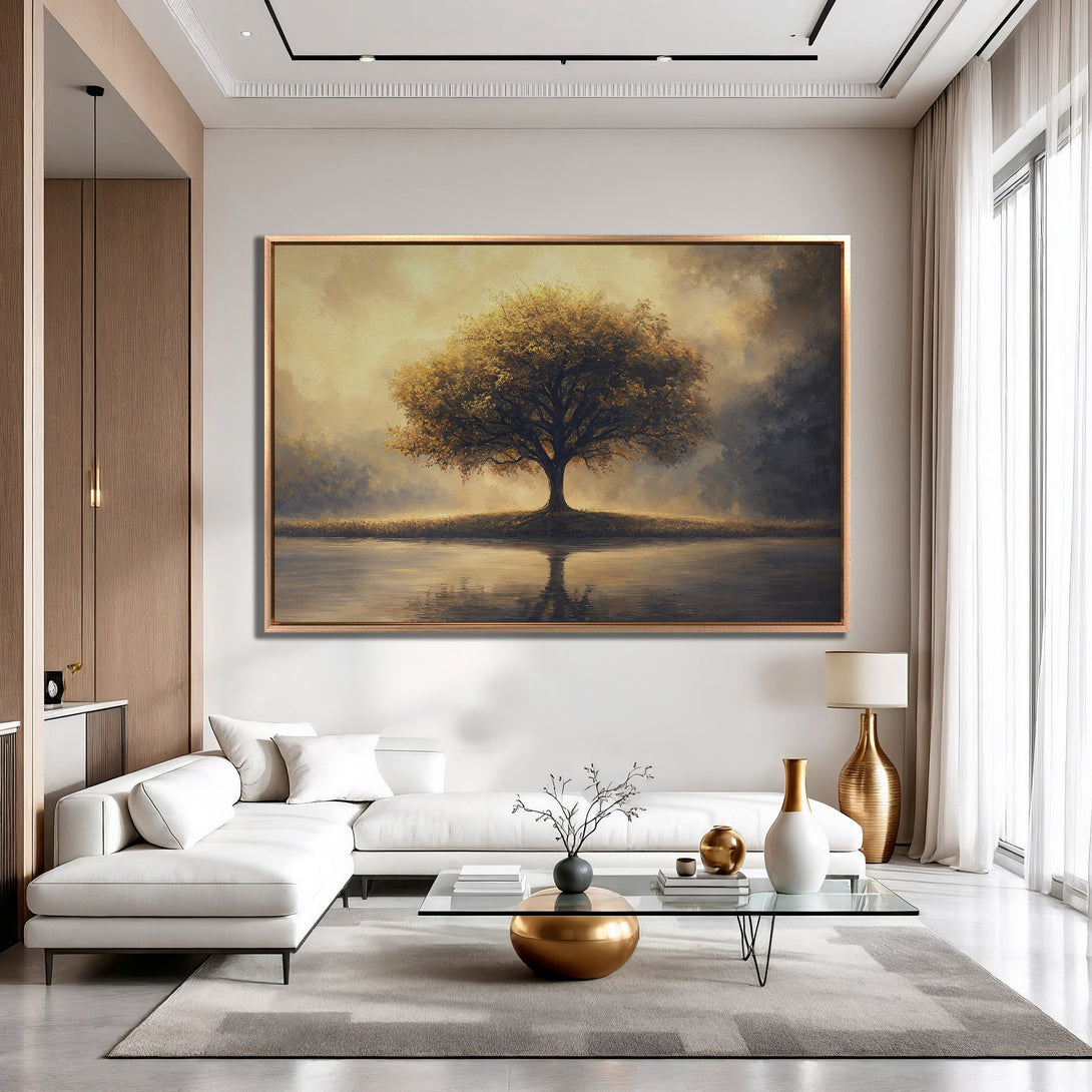 Framed Wall Art: Serene landscape Canvas Print featuring a golden tree reflected in water. Warm, earthy tones create a calming, elegant atmosphere.