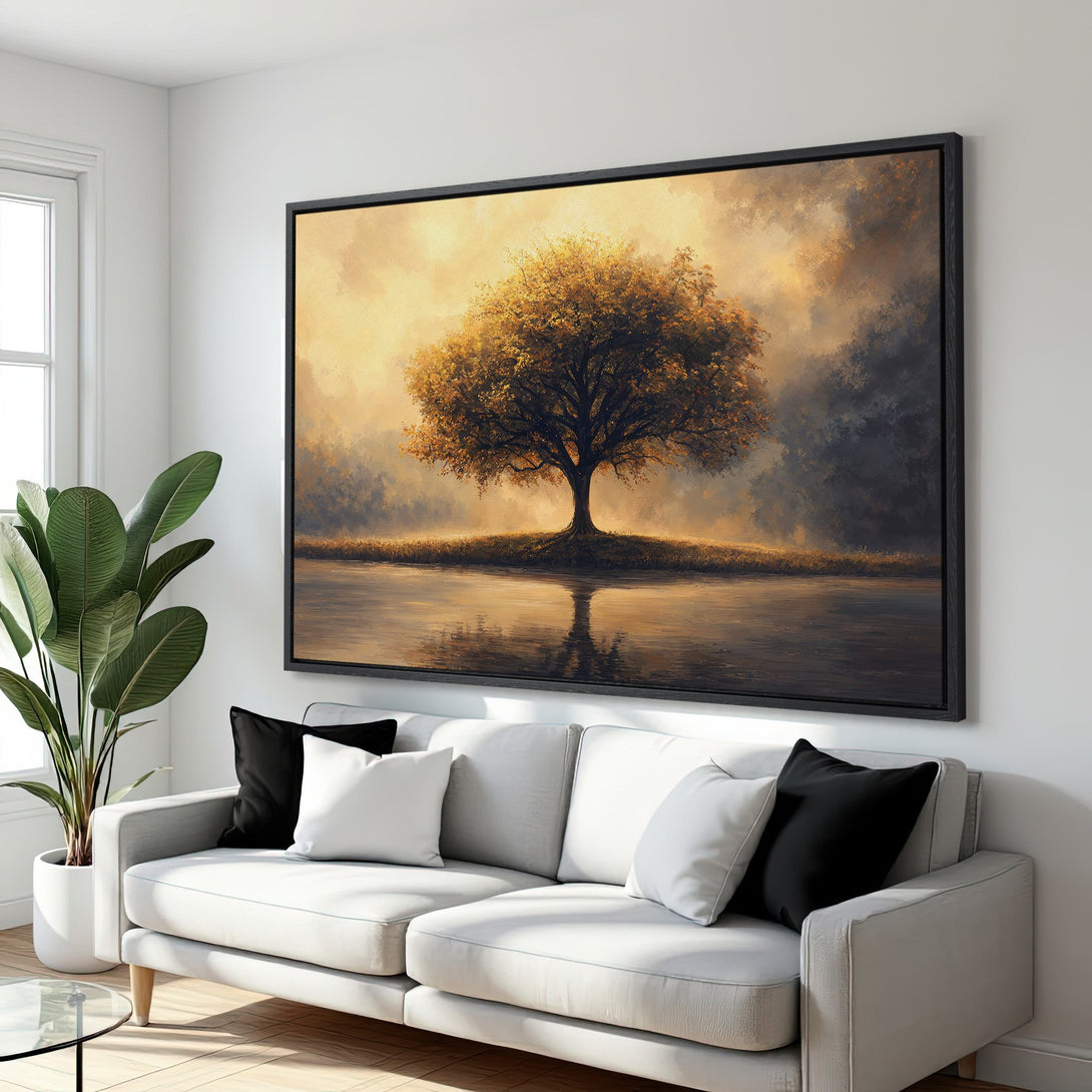 Framed Wall Art: Majestic tree painting in warm gold and brown tones. Landscape art canvas print adds a touch of nature-inspired elegance to any room.