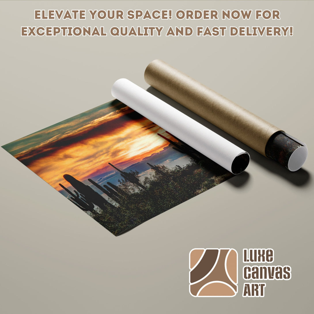 Poster Roll featuring a desert sunset scene in warm, vibrant colors. Elevate your space today!