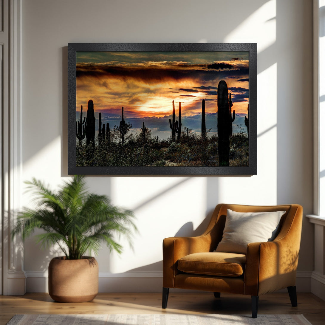 Framed Poster featuring a desert sunset scene with cacti, in warm orange and black tones. Perfect art for your home!