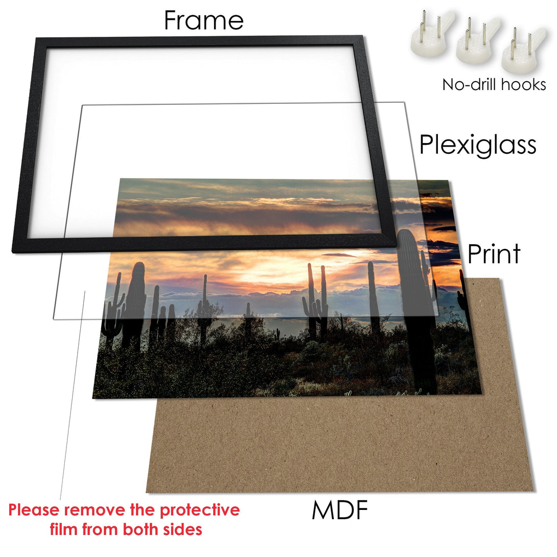 Framed Poster featuring a desert sunset scene. Neutral color palette with warm sunset hues. Perfect wall art to elevate your space!