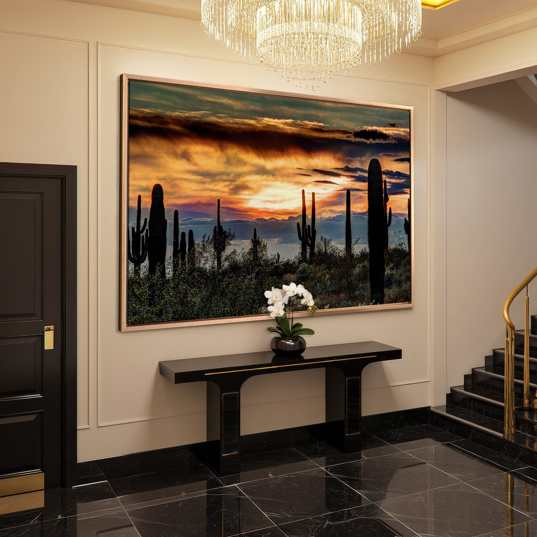 Framed Wall Art: Desert sunset Canvas Print in warm tones adds a touch of nature to your luxury interior. Shop now for stunning wall decor!