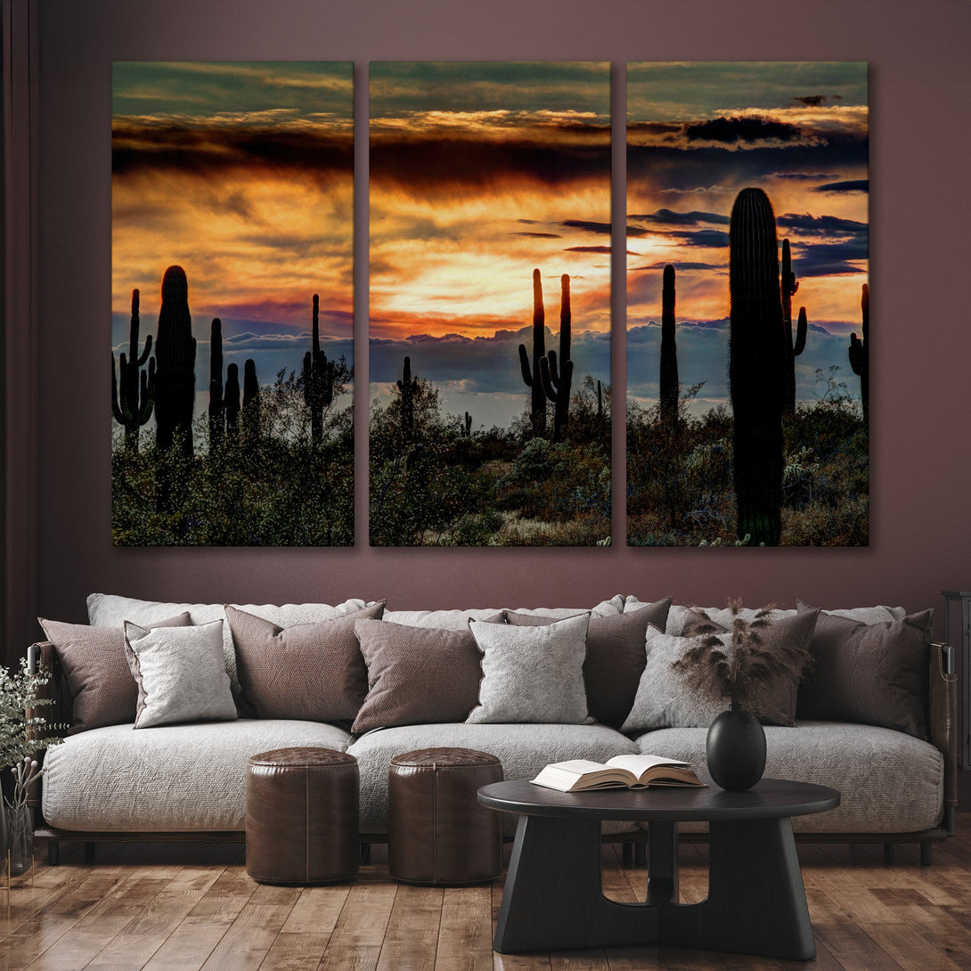 Canvas Print of a desert sunset with silhouetted cacti. Warm orange and brown tones create a stunning landscape. Perfect wall art for your home!