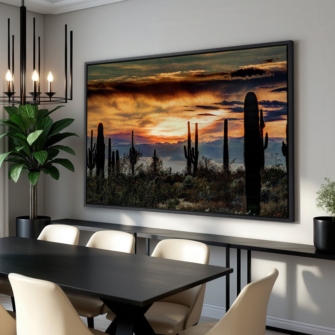 Framed Wall Art: Desert sunset Canvas Print, warm orange and gold tones, adds a touch of nature to your dining room decor. Shop now!