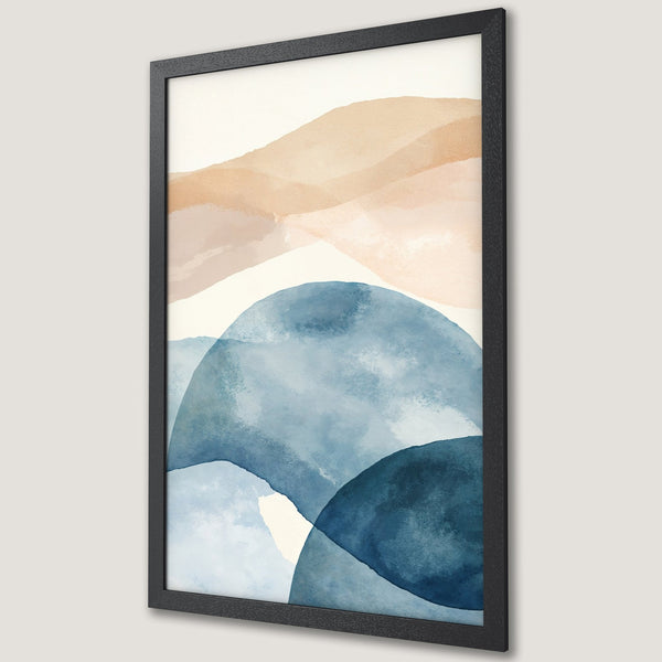 Framed Poster featuring abstract watercolor art in blue and beige tones. Modern wall art for home decor.