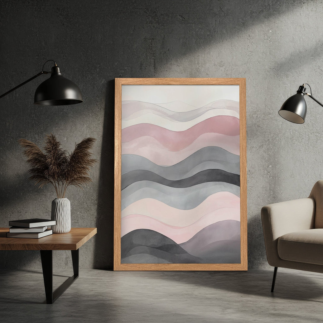 Framed Poster featuring an abstract watercolor landscape. Soft, flowing style with a muted pink, gray, and neutral color palette. Perfect wall art.