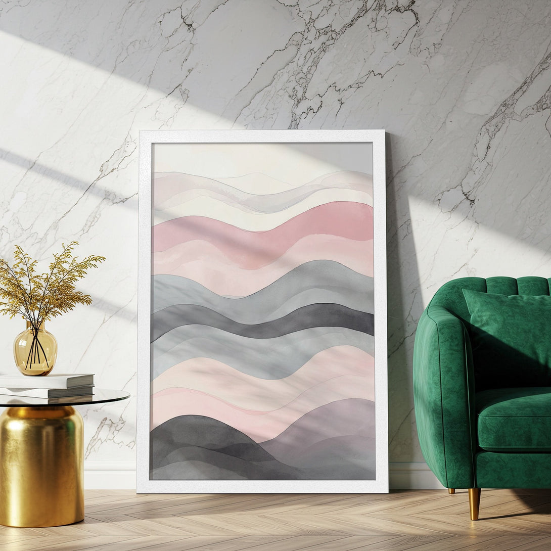 Framed Poster featuring abstract watercolor mountain design in a soft pink, grey, and neutral color palette. Perfect wall art!