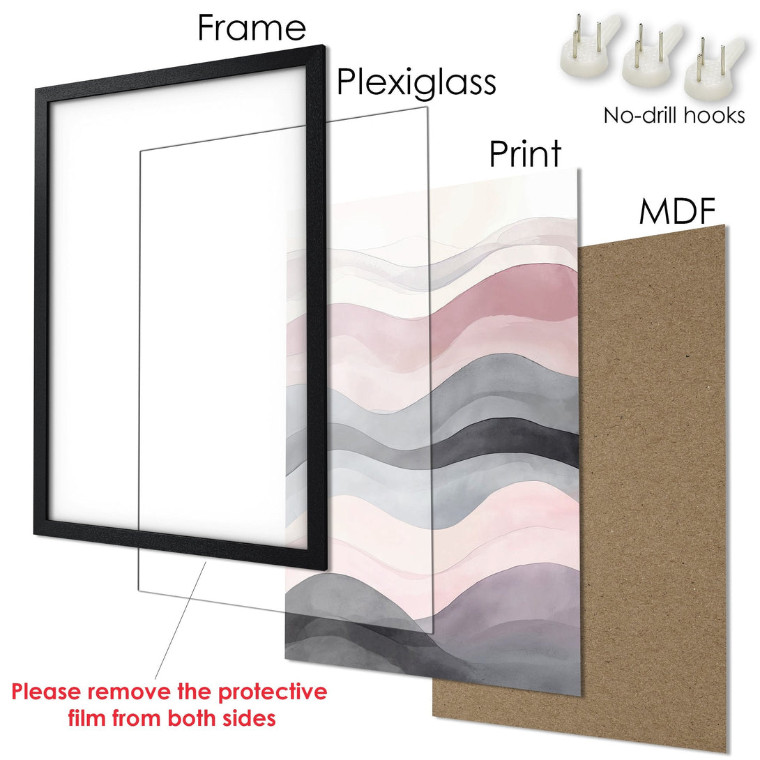 Framed Poster art with abstract watercolor waves in a soft pink and gray palette. Modern wall decor.