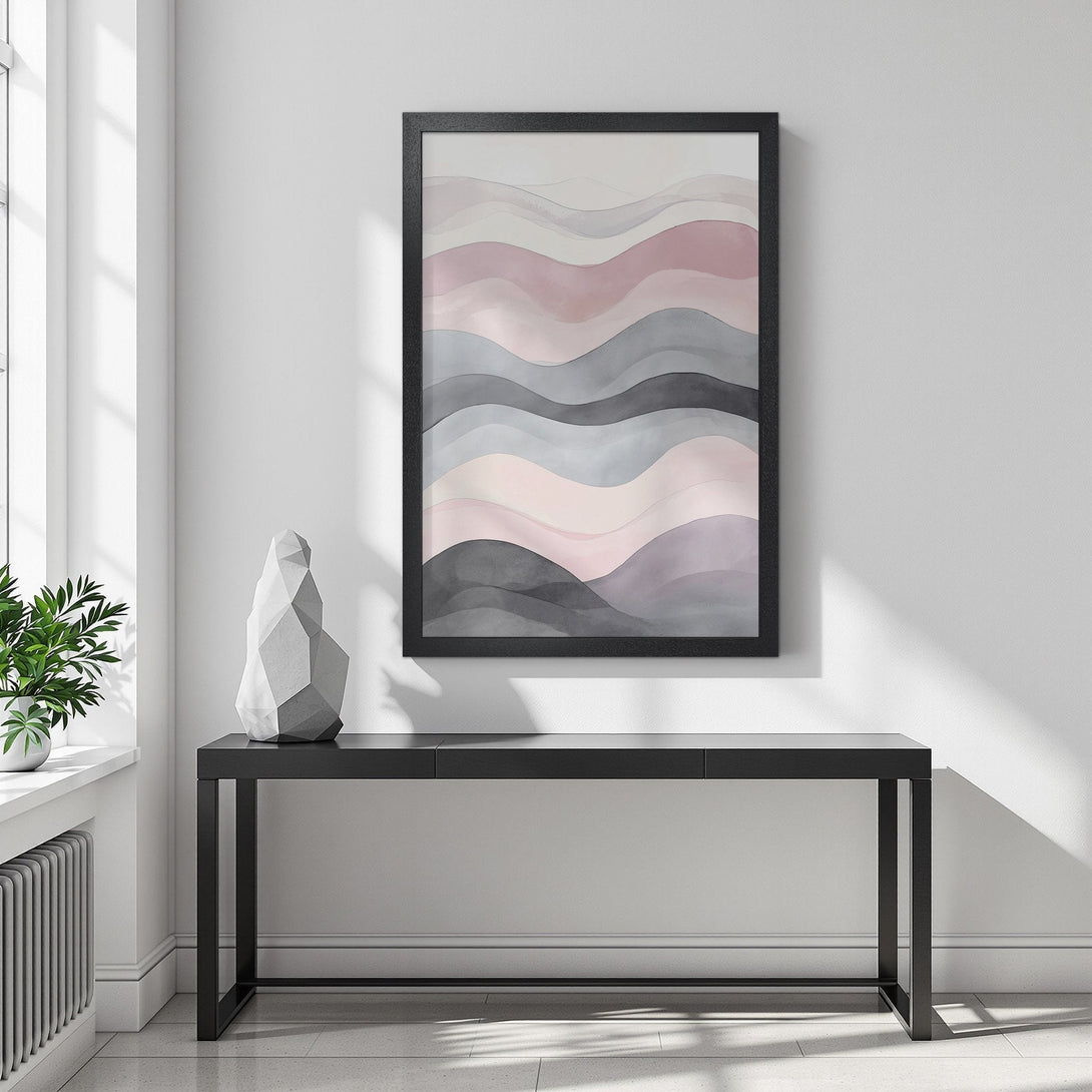 Framed Poster featuring abstract watercolor waves in soft pink, gray, and purple tones. Modern art for your home decor.