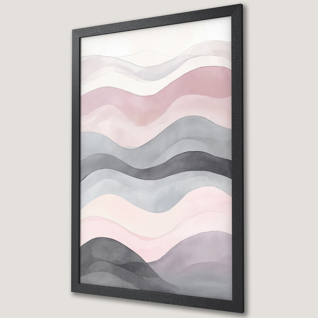 Framed Poster featuring abstract watercolor landscape art in a soft pink, gray, and neutral color palette, perfect for modern decor.