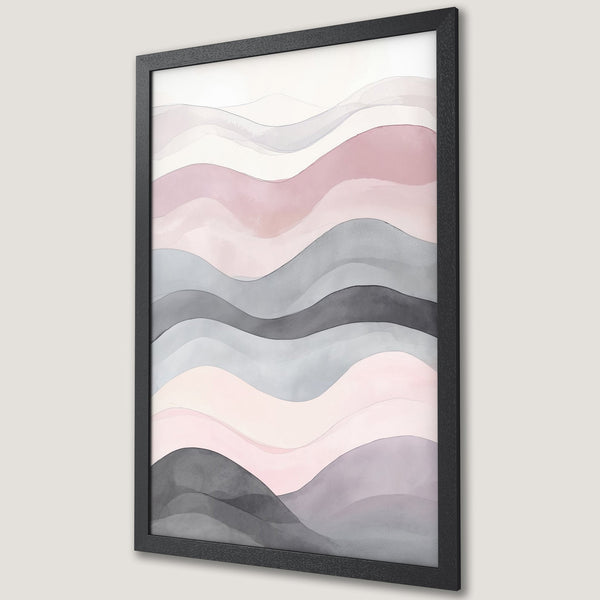 Framed Poster featuring abstract watercolor landscape art in a soft pink, gray, and neutral color palette, perfect for modern decor.