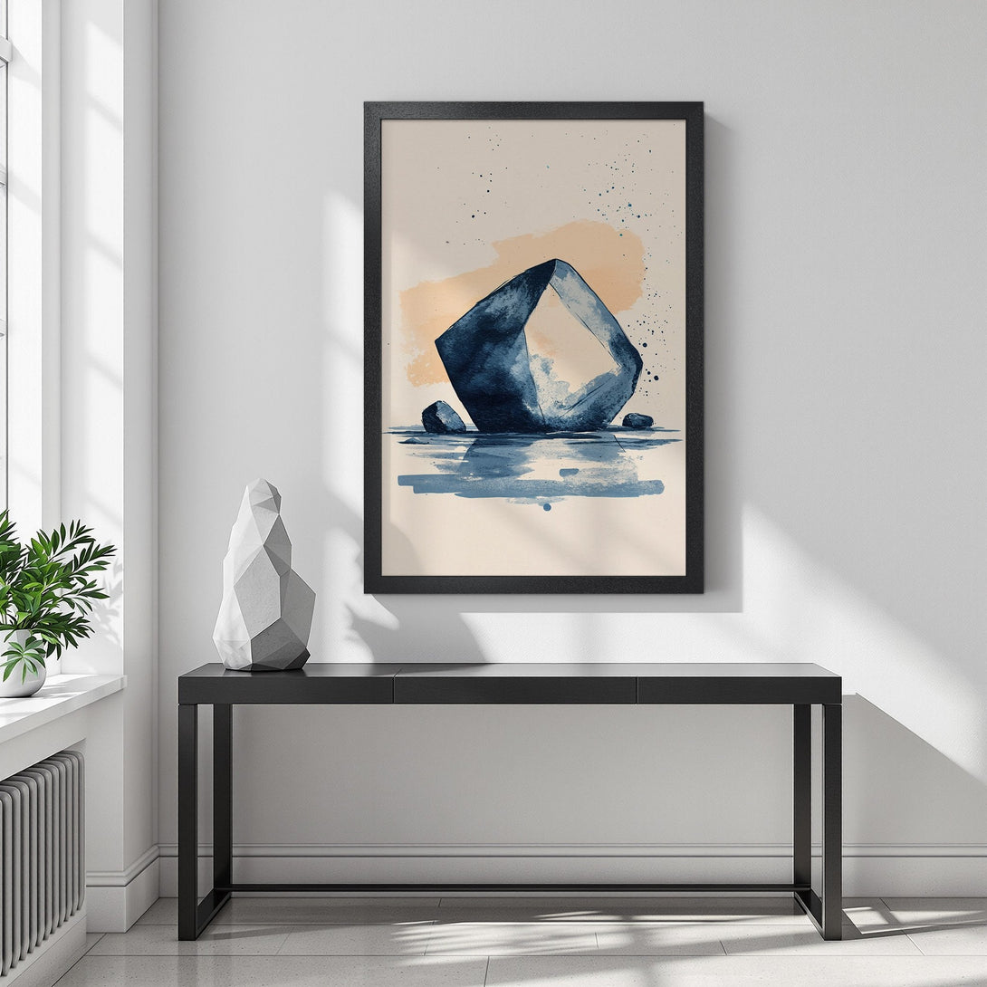 Framed Poster featuring abstract watercolor art in blue and beige tones. Modern wall art perfect for any space.