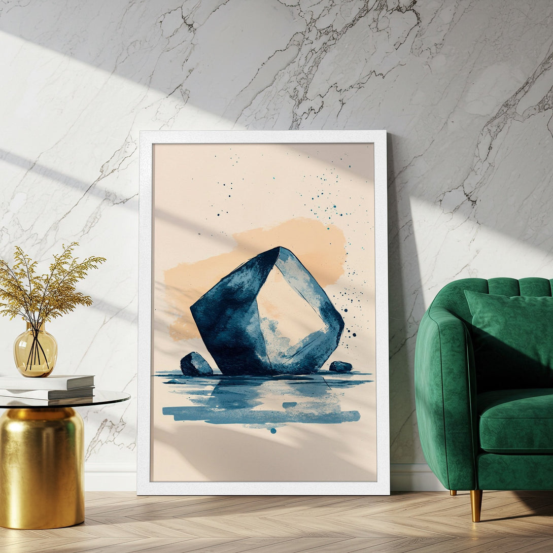 Framed Poster featuring abstract blue watercolor art. Modern decor with neutral and teal color palette. Perfect wall art.