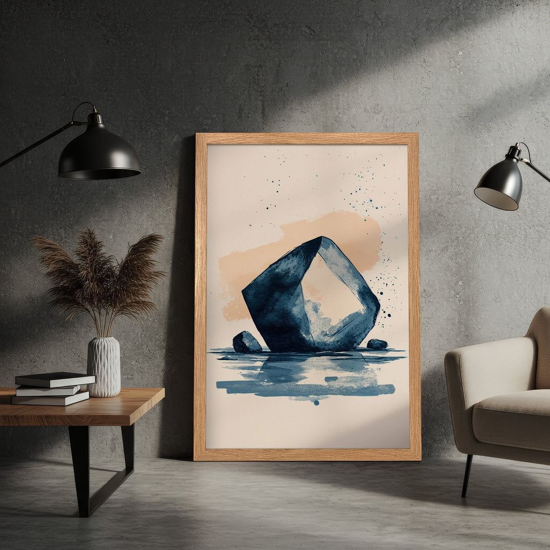 Framed Poster featuring abstract watercolor art in blue, beige, and neutral tones. Modern art print for home decor.