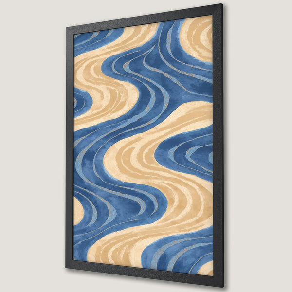 Framed Poster featuring abstract watercolor waves in blue and beige, perfect for modern home decor.