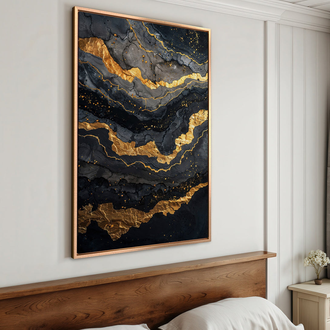 Framed Wall Art: Abstract gold and black Canvas Print. Modern art with a luxurious, elegant style. Perfect for bedroom decor.