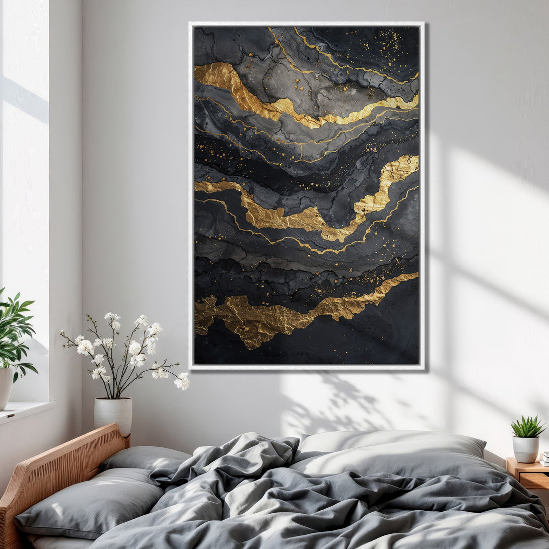Framed Wall Art: Abstract gold & black art print. Modern, elegant decor for bedroom. Adds luxury & style. Perfect for home or office.