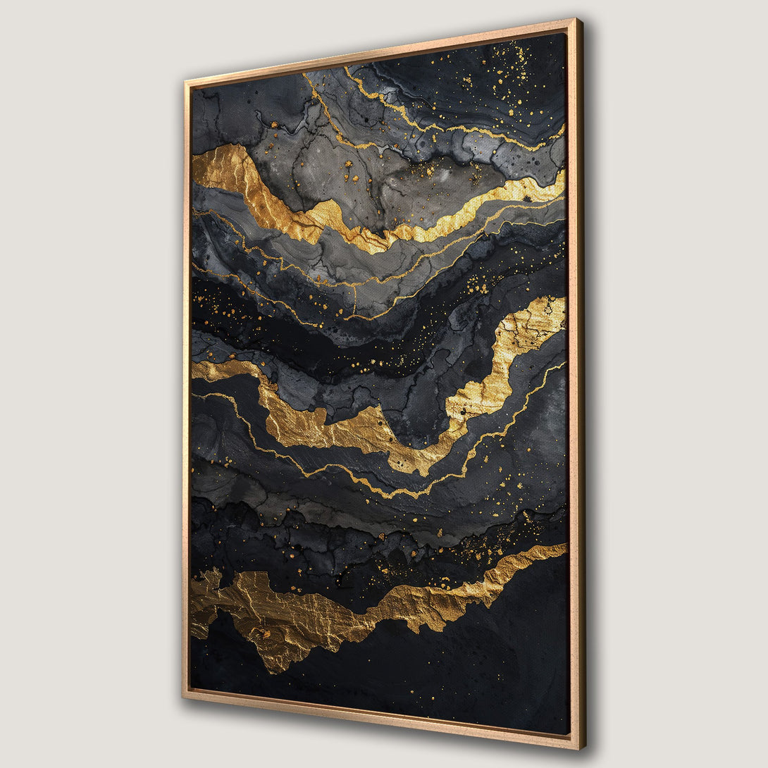 Framed Wall Art: Abstract gold and black canvas print. Modern art with metallic gold accents on a dark, moody background. Perfect for luxury decor.
