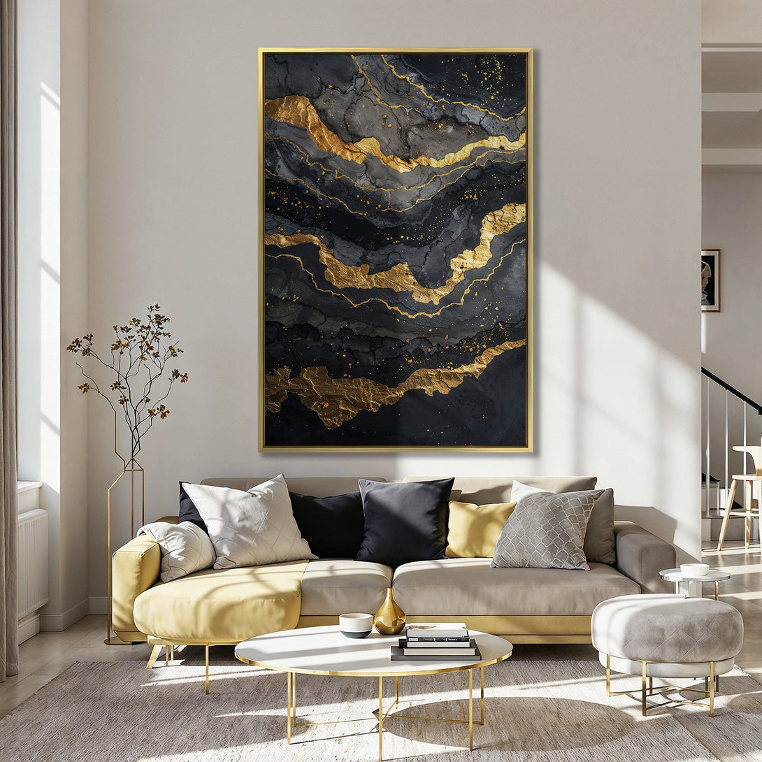 Abstract Canvas Print in black and gold, displayed in a kitchen. Modern wall art with a luxurious, elegant aesthetic.