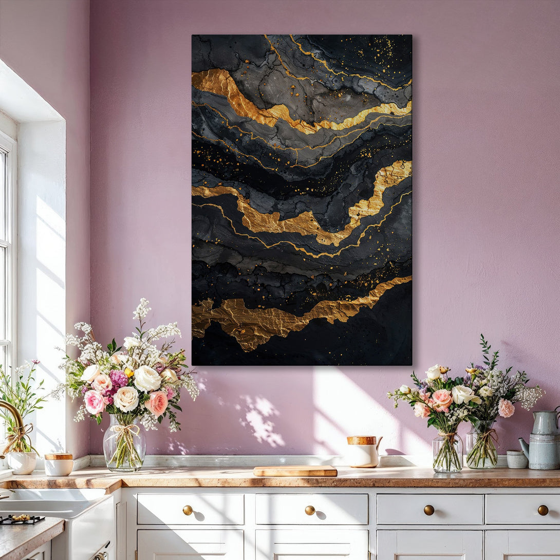 Framed Wall Art featuring an abstract gold and black design. Modern canvas print with a luxurious, elegant aesthetic. Perfect for living room decor.