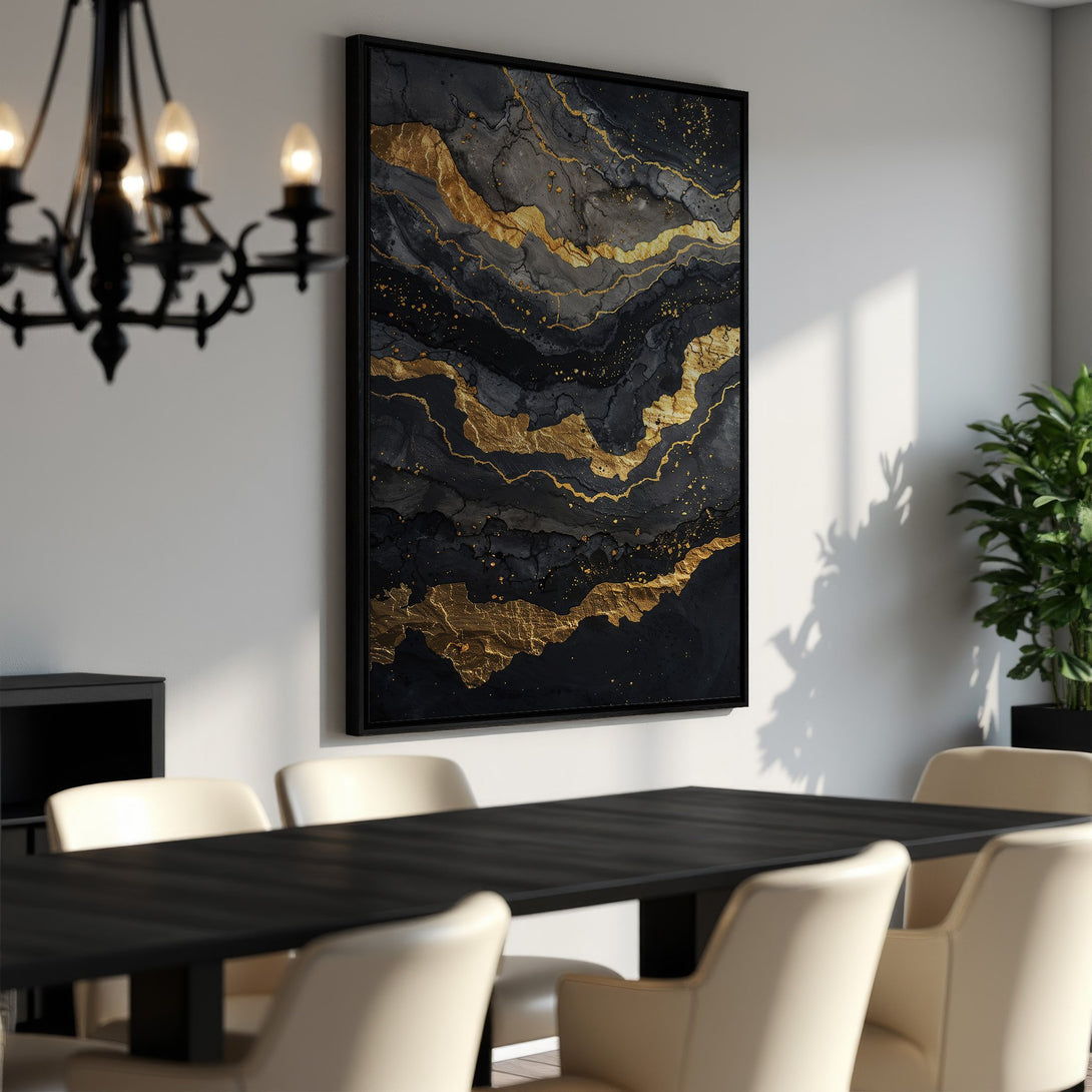 Framed Wall Art: Abstract gold and black canvas print. Modern art piece with a luxurious, elegant style. Perfect for dining room decor.