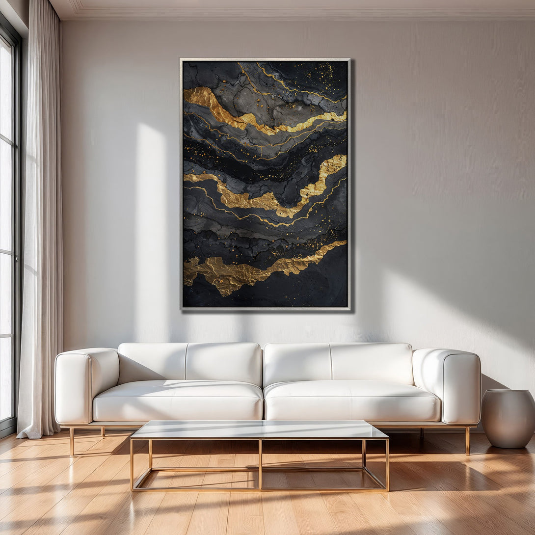 Framed Wall Art: Abstract gold and black art print. Modern decor with a luxurious color palette to elevate any space. Shop now!