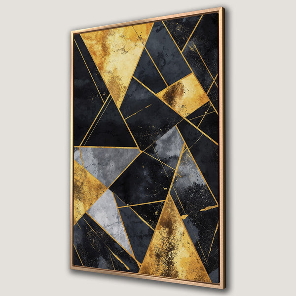 Framed Wall Art: Geometric abstract art in black, gold, and gray. Modern canvas print with a luxurious, contemporary design. Perfect for home decor.