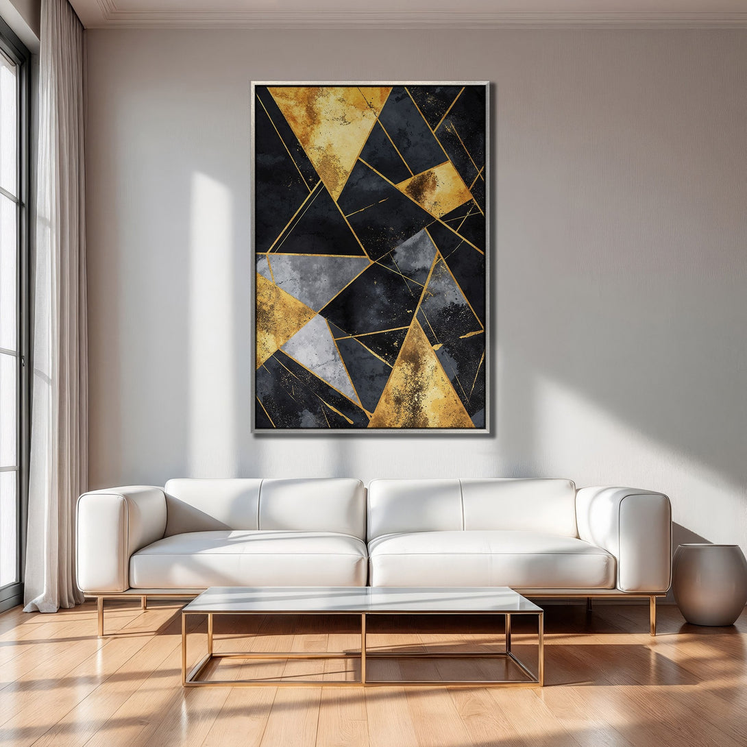 Framed Wall Art: Abstract geometric design in gold, black, and gray. Modern Canvas Print adds a touch of luxury to any interior.