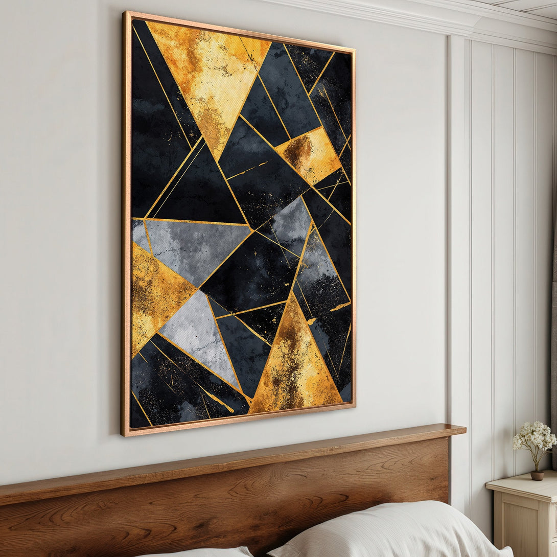 Framed Wall Art: Modern abstract geometric art in black, gold, and gray. Perfect for adding a touch of luxury to your bedroom decor.