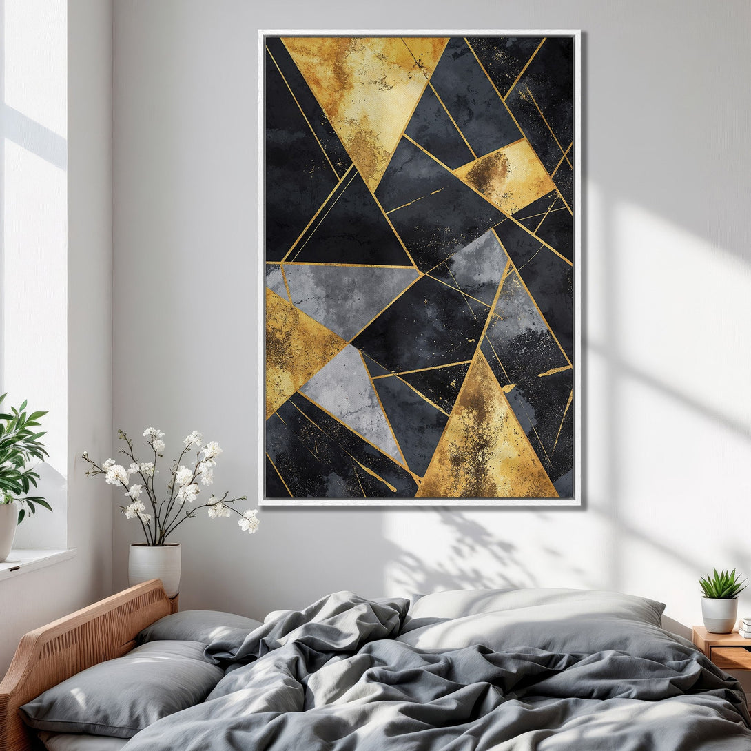 Framed Wall Art: Abstract geometric design in black, gold, and gray. Modern canvas print adds a touch of luxury to any bedroom decor.