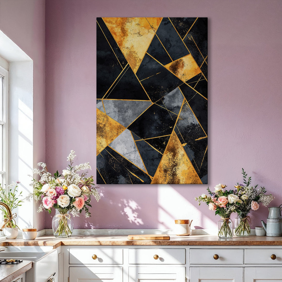Framed Wall Art: Modern abstract art with gold, black, and gray geometric shapes. Adds a touch of luxury and sophistication to any living room. Shop now!
