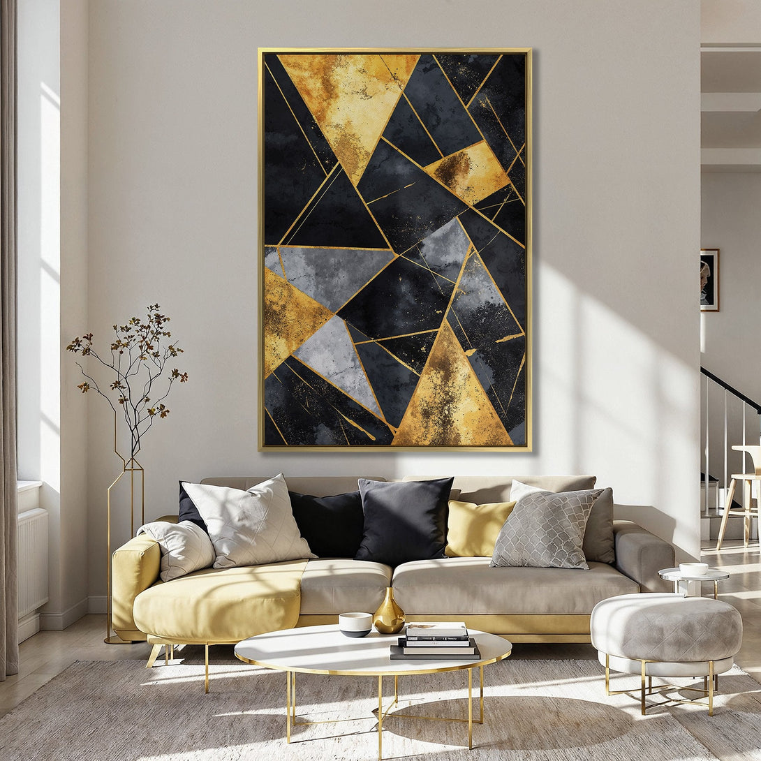 Canvas Print: Geometric abstract art in black, gold, and gray. Modern wall art with a luxurious, artistic style. Perfect for home decor.
