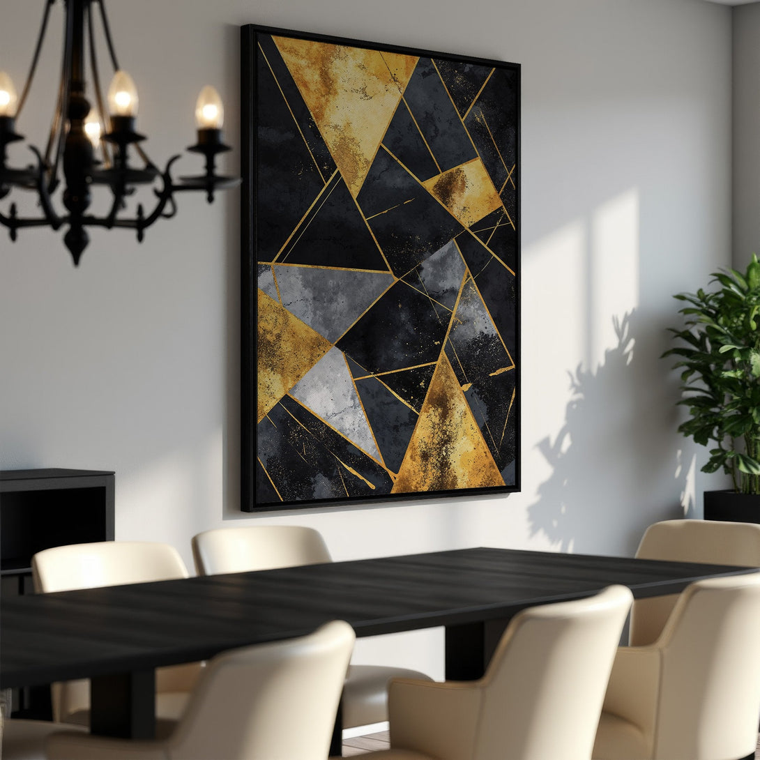 Framed Wall Art: Abstract geometric art in black, gold, and gray. Modern decor for dining room. Elevate your space with this stunning canvas print.