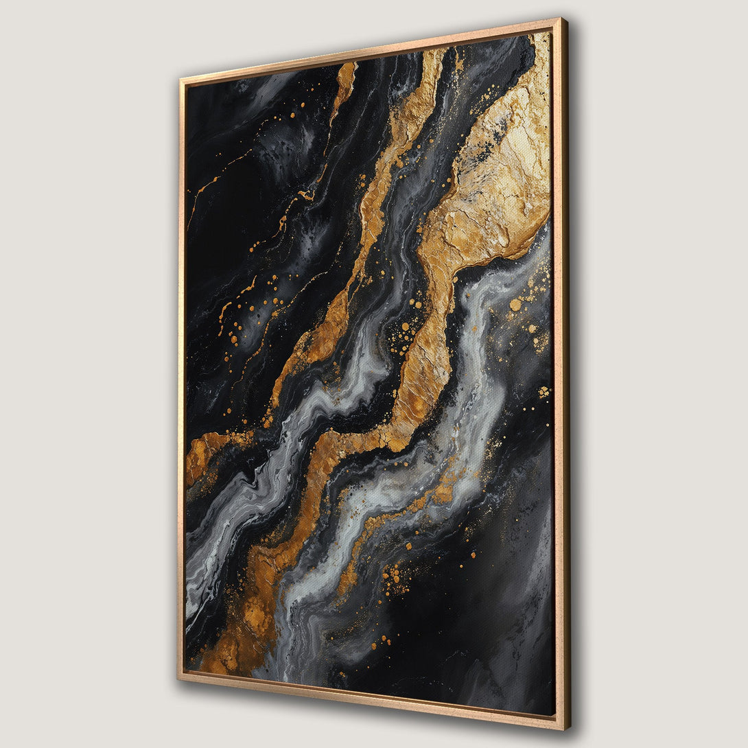 Framed Wall Art featuring abstract gold, black, and gray fluid art. Modern Canvas Print perfect for adding a touch of luxury to your home decor.
