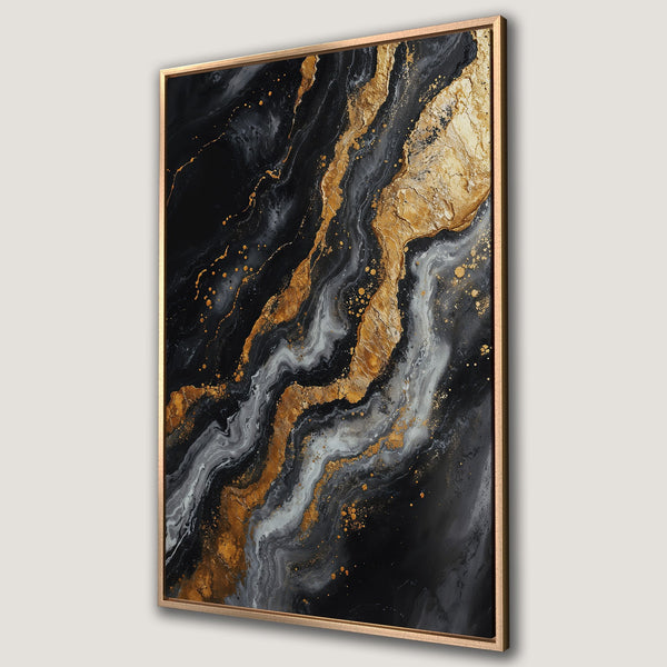 Framed Wall Art featuring abstract gold, black, and gray fluid art. Modern Canvas Print perfect for adding a touch of luxury to your home decor.