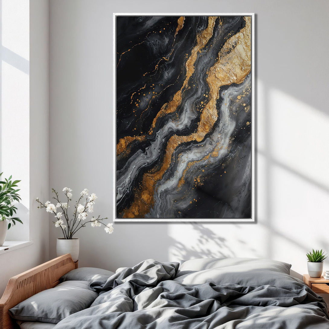 Framed Wall Art: Abstract black, gold, and gray Canvas Print. Modern art for bedroom decor. Enhance your space with this striking piece.
