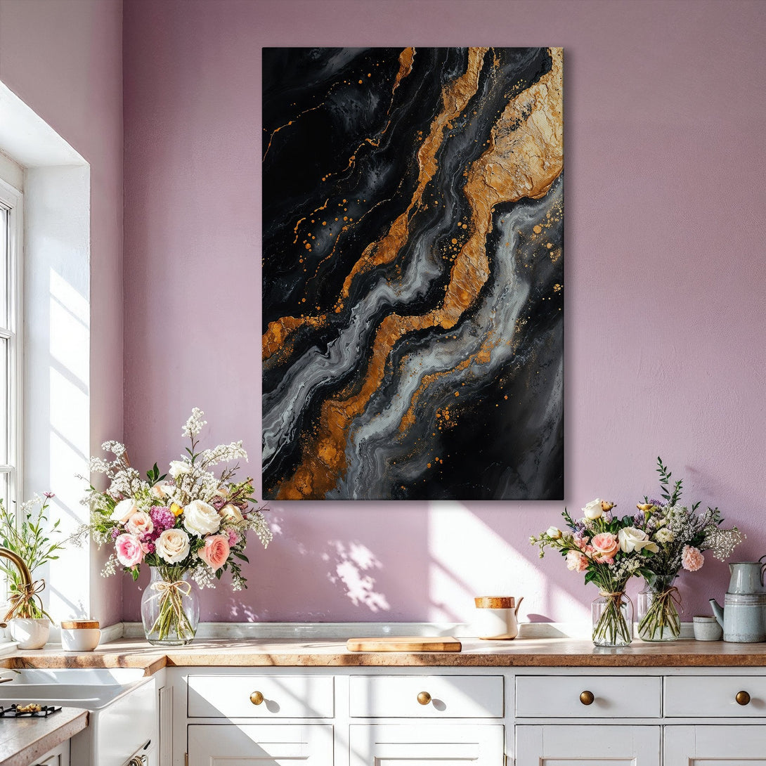 Framed Wall Art: Abstract black, gold, and gray painting. Modern art canvas print adds elegance to any interior. Enhance your home decor with this statement piece.