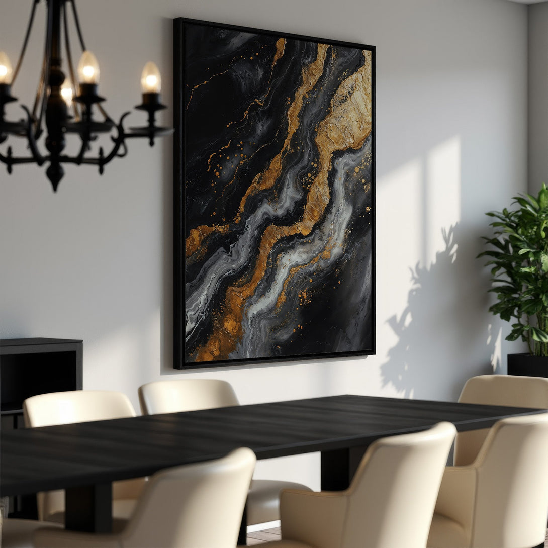 Framed Wall Art: Abstract black, gold, and gray canvas print. Modern art piece adds a touch of luxury to any dining room. Shop now!